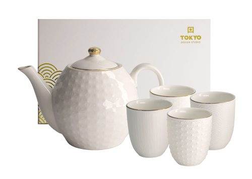 Tokyo Design Studio - Nippon White - Gouden Rand - Theegeschenkset - 1300ml - met 4 Kopjes 170ml