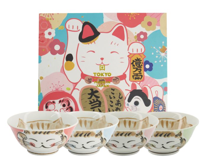 Tokyo Design Studio - Gemengde Schalen - Kawaii - Geschenkset - 4 stuks - 15x7cm - 500ml - 4 Kleuren - Luckycat